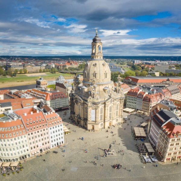 Aerial of the famous Frauenkirche with town square, Dresden Skyline, Germany. Converted from RAW.